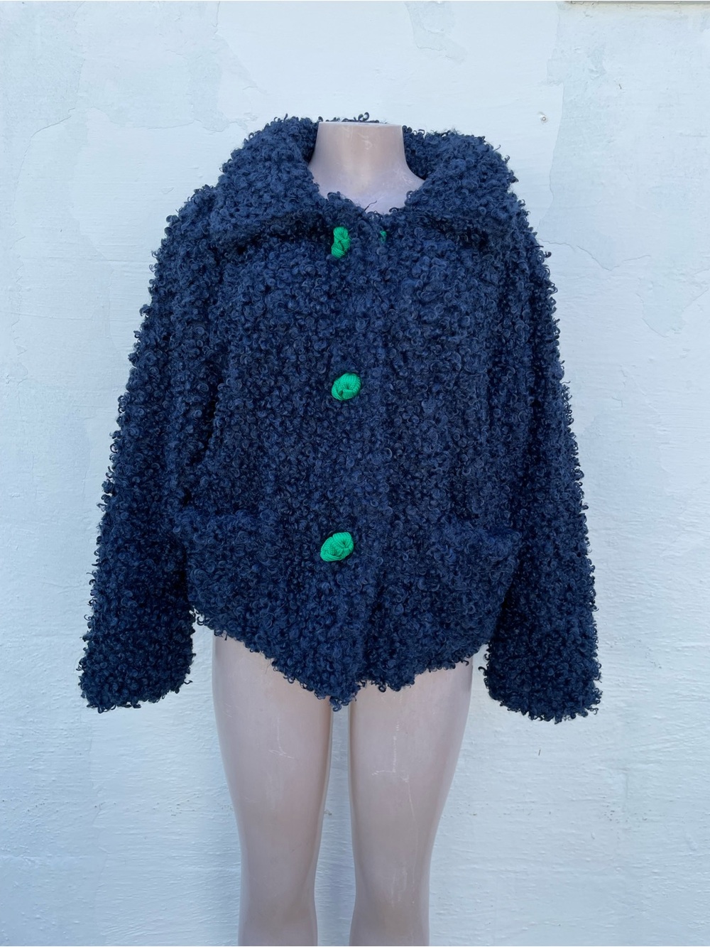 Gretchen Scott Designs Navy Bouclé Teddy Jacket with Green Buttons